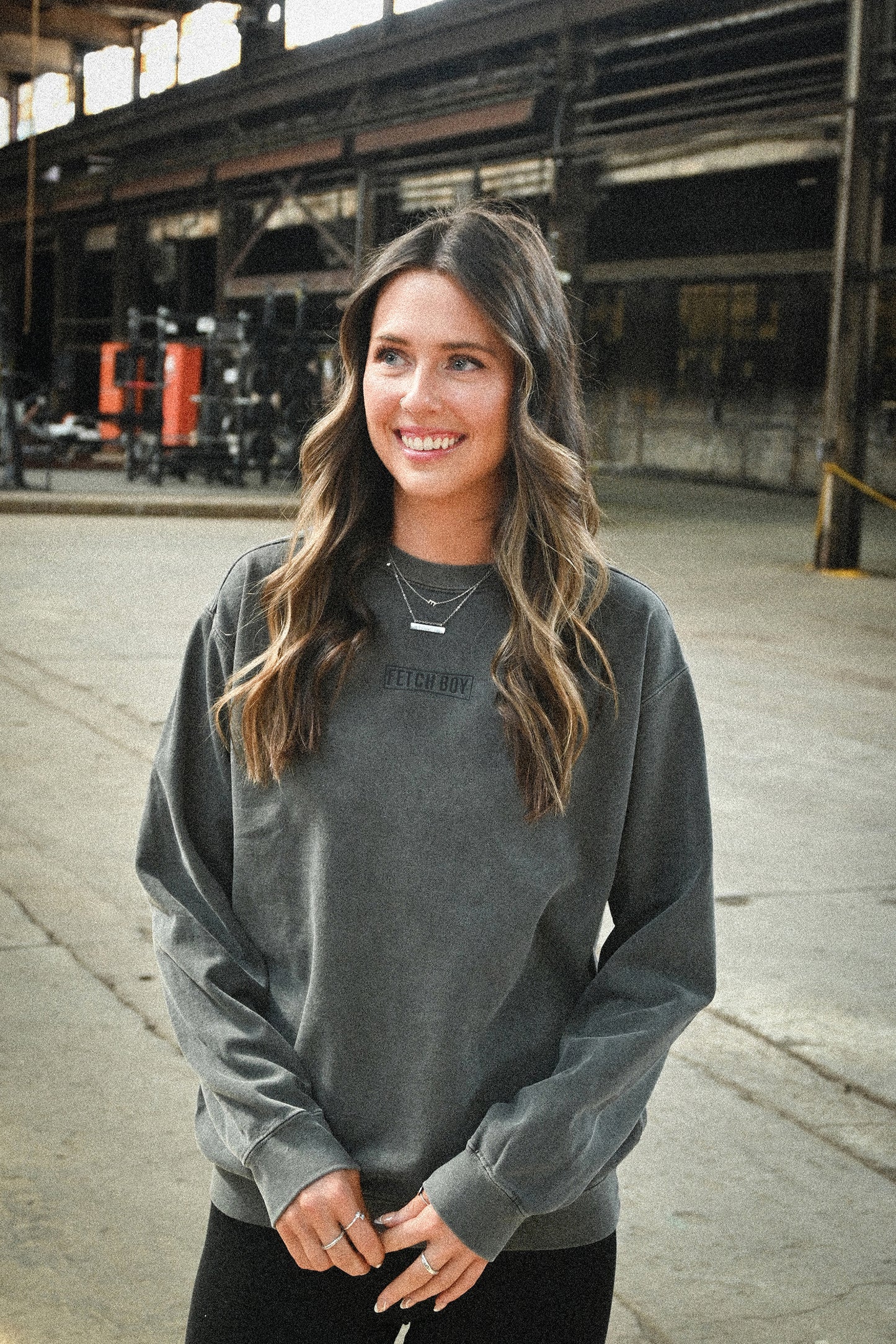 Fetch Boy Unisex Heavyweight Crewneck Sweatshirt in Steel Gray.