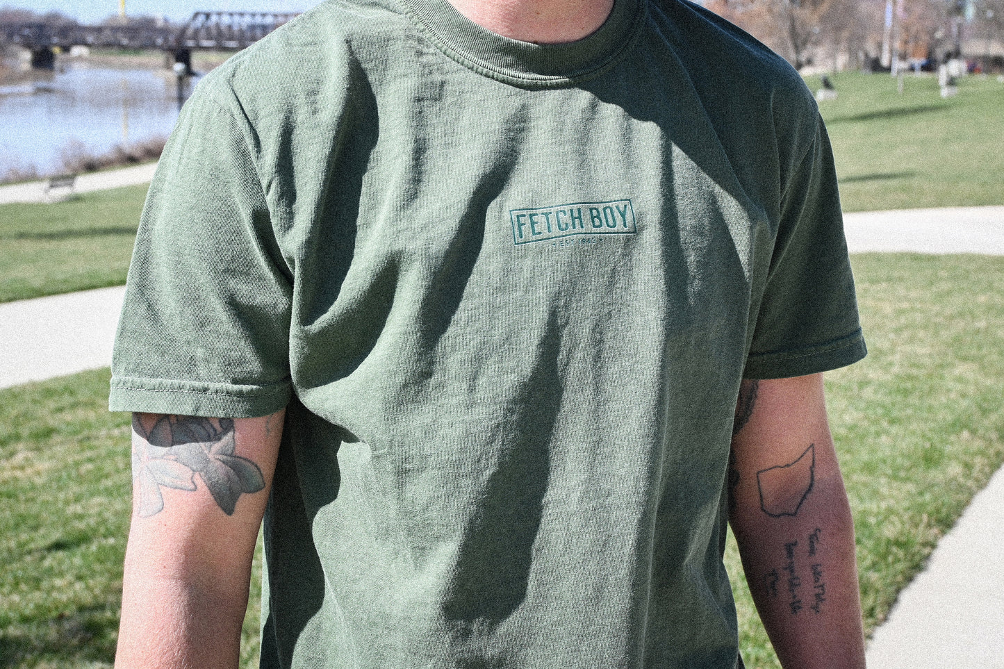 Fetch Boy Unisex Heavyweight T Shirt in Moss Close Up.