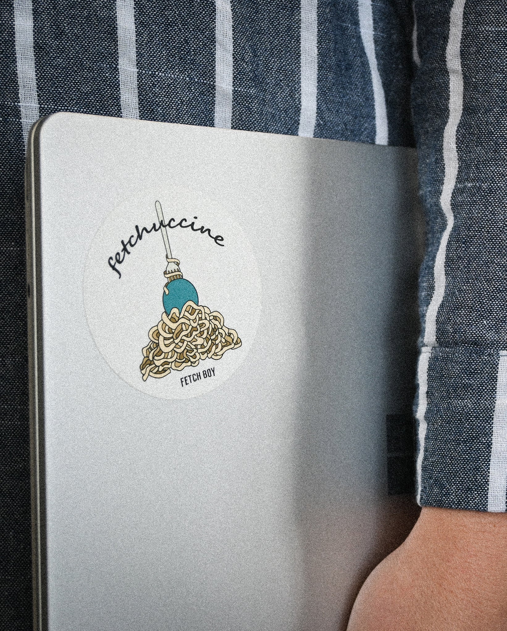 Fetch Boy Fetchuccine Funny Punny Matte Sticker of Pasta on Laptop.