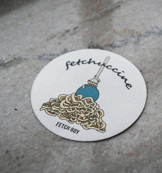 Fetch Boy Fetchuccine Funny Punny Matte Sticker of Pasta.